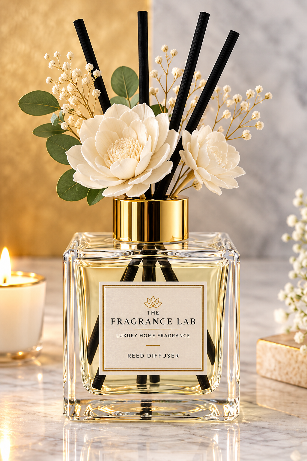 The Fragrance Lab reed diffuser styled with ivory flowers, black reeds, and gold details