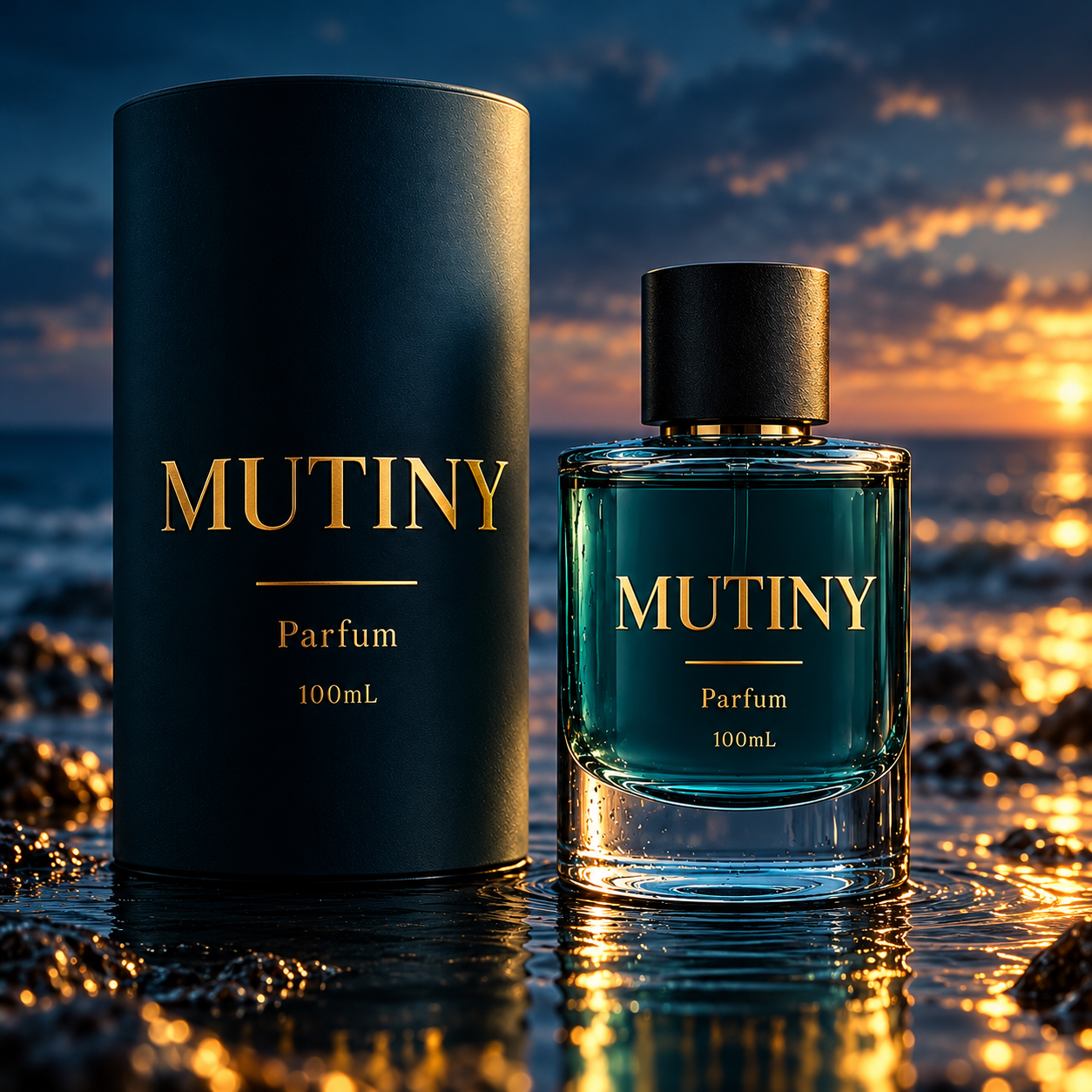Mutiny parfum with its matching cylinder, photographed beside the sea at sunset